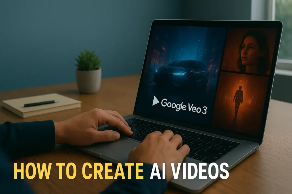 Person typing on laptop creating cinematic AI videos using Google Veo 3 in a modern Pakistani digital workspace.