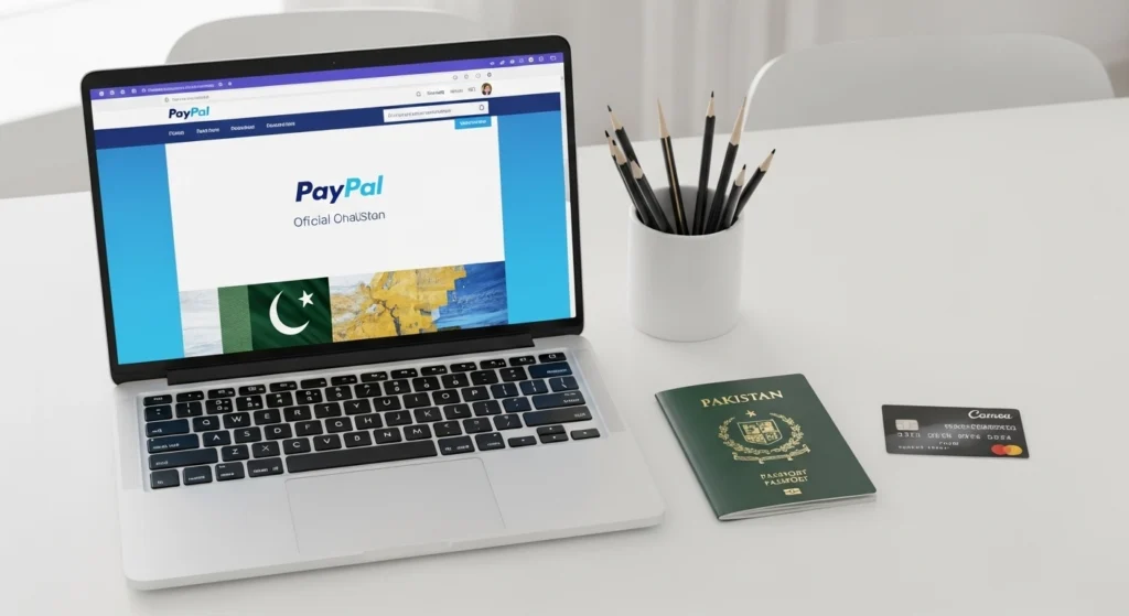 “Laptop showing PayPal website with Pakistani passport and credit card on desk — PayPal account creation in Pakistan 2025”