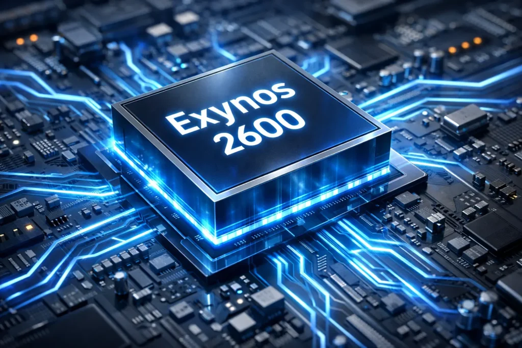 Samsung Exynos 2600 2nm semiconductor chip with blue energy lines on futuristic circuit board