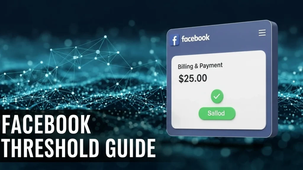 Facebook Threshold Method 2025 guide banner showing billing interface with 25 dollar balance and Zebialerts logo.