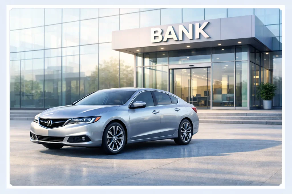 "Modern silver sedan parked outside a sleek glass-walled bank building in soft morning sunlight."