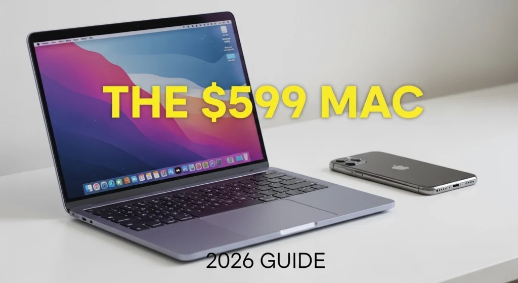 Four new MacBook Neo 2026 models in Indigo, Blush, Citrus, and Silver colors displayed on a wooden desk