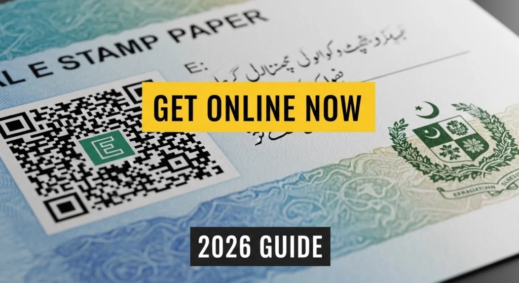 A high-quality E stamp paper with a secure QR code and official government of Pakistan seal for property verification.