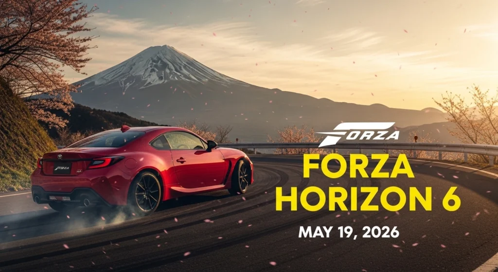 Red sports car drifting on a Japanese mountain road with Mount Fuji in the background for Forza Horizon 6 2026 release