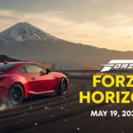 Red sports car drifting on a Japanese mountain road with Mount Fuji in the background for Forza Horizon 6 2026 release