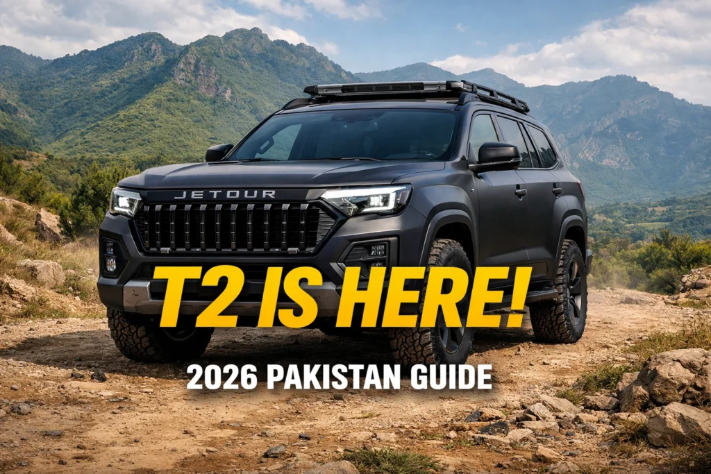 Matte black Jetour T2 SUV with boxy design and 19-inch gunmetal alloy wheels parked in Margalla Hills Pakistan