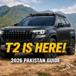 Matte black Jetour T2 SUV with boxy design and 19-inch gunmetal alloy wheels parked in Margalla Hills Pakistan