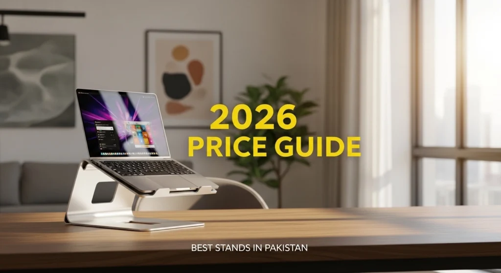A premium aluminum laptop stand on a professional desk in Pakistan with a 2026 price guide overlay.