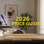 A premium aluminum laptop stand on a professional desk in Pakistan with a 2026 price guide overlay.