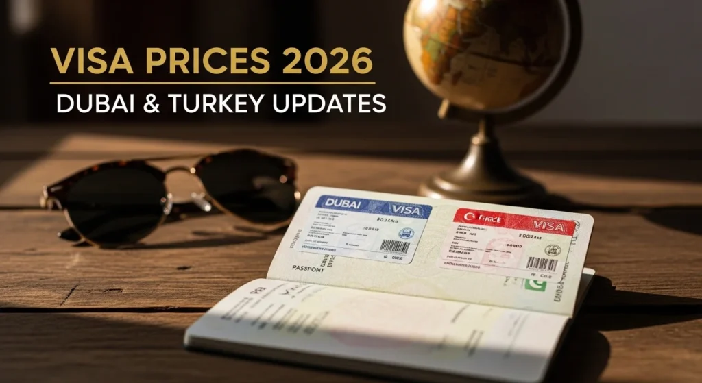 Latest Visa Price in Pakistan 2026 showing stickers for Dubai, Turkey and Italy on a Pakistani passport