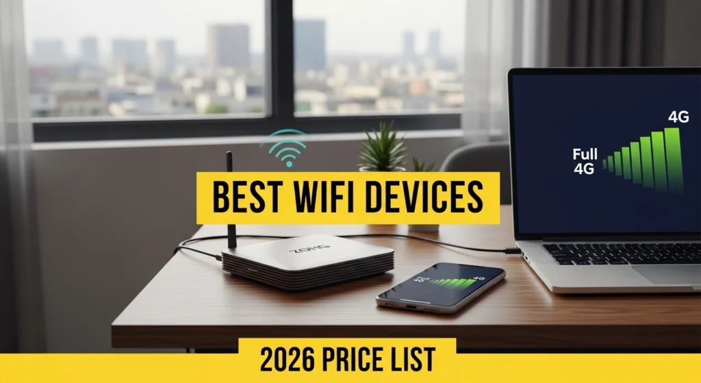Latest WiFi Device prices in Pakistan 2026 showing Zong 4G Bolt Ultra and Jazz Super 4G WiFi on a desk