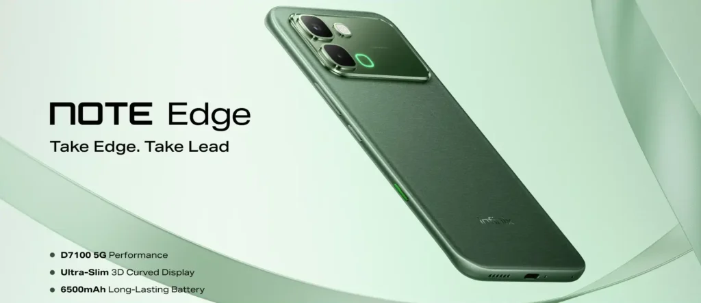 Alt text: A luxurious promotional shot of the Infinix Note Edge 5G showing the vivid 3D Curved AMOLED display.