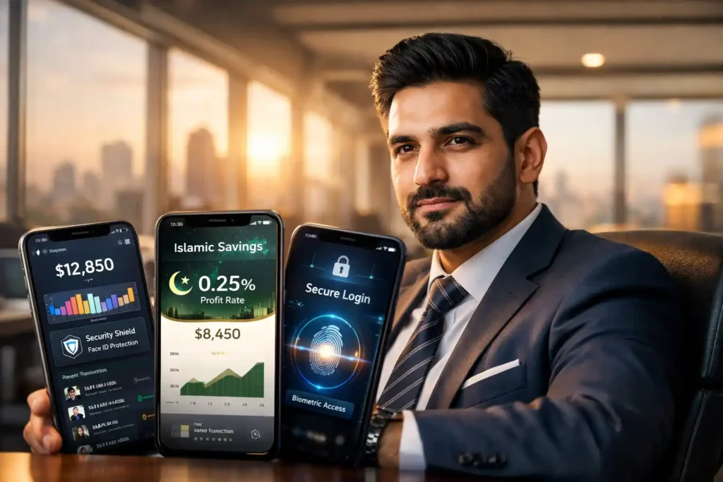 A confident young Pakistani man analyzing multiple digital banks on their high-tech smartphones, comparing the top 10 best bank in pakistan 2026 interfaces.
