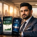 A confident young Pakistani man analyzing multiple digital banks on their high-tech smartphones, comparing the top 10 best bank in pakistan 2026 interfaces.