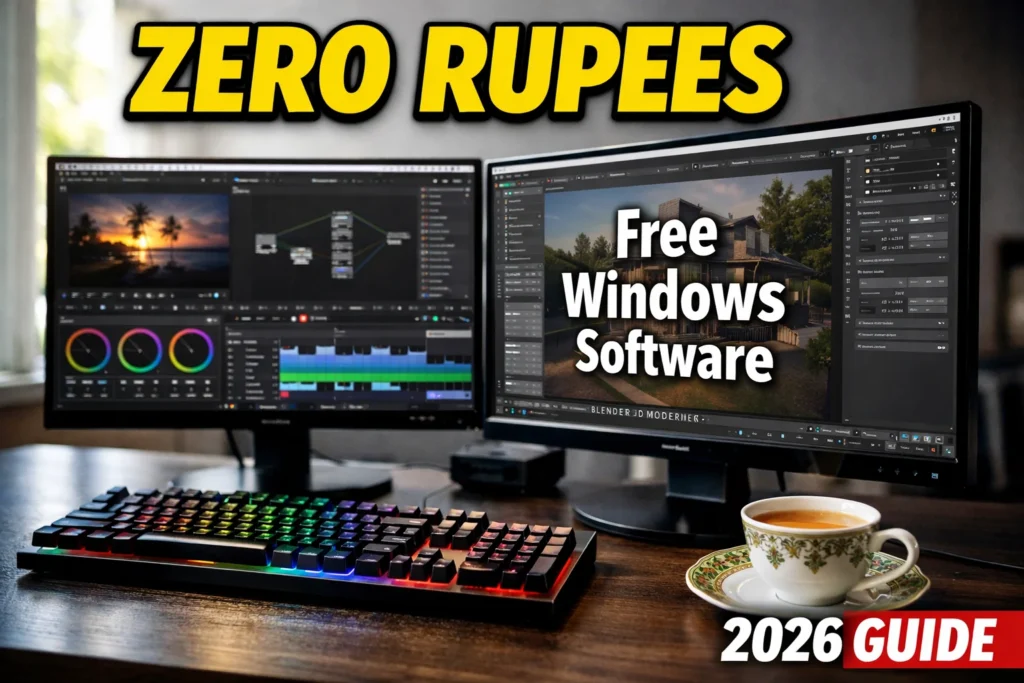 Free Windows Software 2026 Guide showing professional editing setup with DaVinci Resolve and Blender on dual monitors