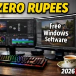 Free Windows Software 2026 Guide showing professional editing setup with DaVinci Resolve and Blender on dual monitors