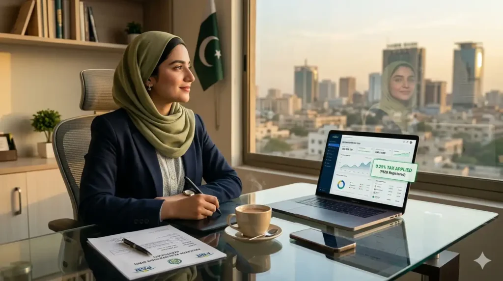 A professional Pakistani freelancer analyzing their taxes for the 2026 fiscal year on a laptop, optimized for the primary keyword Freelancer Tax.