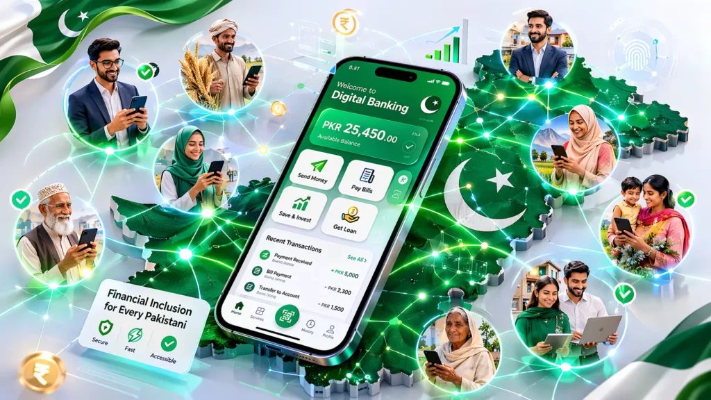 HugoBank digital bank Pakistan mobile app interface showing financial inclusion features and account dashboard