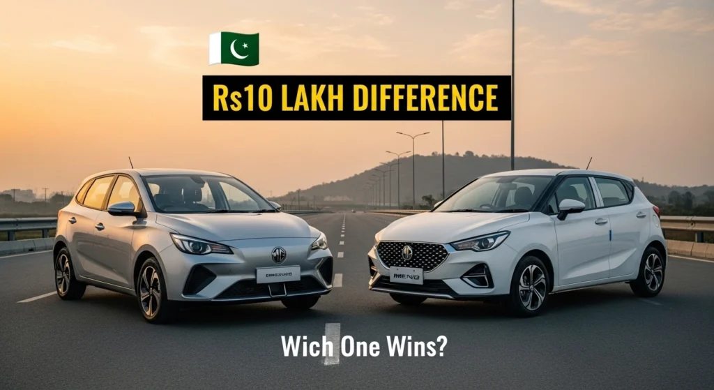 MG Bingo EV vs JMEV3 side by side comparison showing price difference of 10 lakh rupees in Pakistan 2026